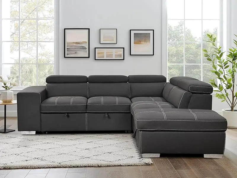 Description Picture 2 of itemSectional Sleeper Sofa with Pull-Out Bed, Chaise & Storage Ottoman 5 Seater L-Shaped Couch with Adjustable Headrest and Stools