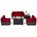 Patiojoy 6PCS Patio Furniture Set Rattan Cushioned Sofa Gas Fire Pit Table Red