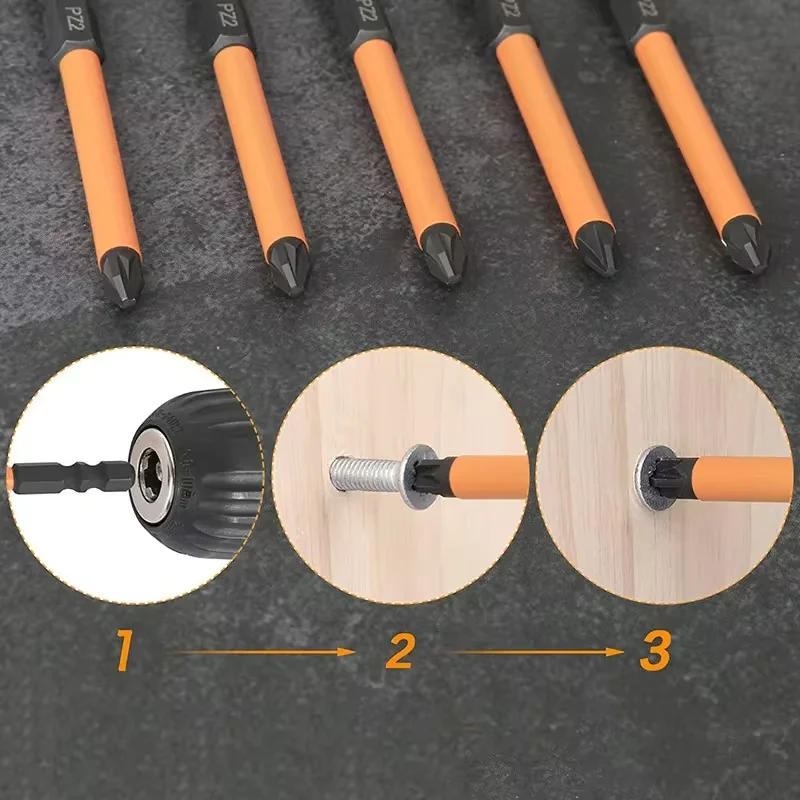 Description Picture 4 of item5Pcs PZ2 Impact Screwdriver Bits Set 75mm Pozidriv Driver Bit 1/4 Inch Hex Shank Magnetic PZ2 Screw Driver Power Drill Bits