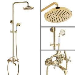 Gold  Color Brass 8 inch Rain Shower Head Bathroom Rainfall Shower Faucet Set with Clawfoot Bathtub Mixer Tap Wall Mount Lgf354