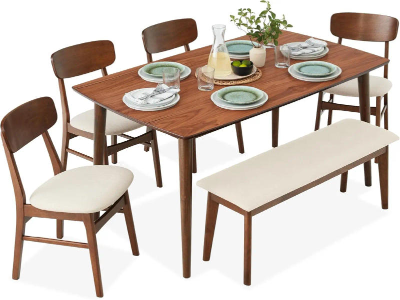 Description Picture 2 of item6 Piece Dining Set Mid Century Modern Wooden Table Upholstered Chair Set for Home Kitchen Dining Room 4 Chairs Bench Seat