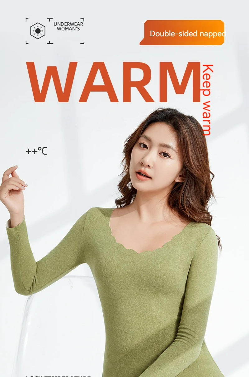 Description Picture 3 of itemNew Thermal Underwear With Plush Thickened Round Neck Solid Color Heating Clothes Autumn Pants Women's Set Women's home clothing