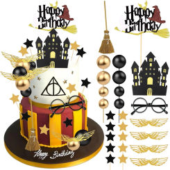 26 PCS Magical Wizard Birthday Cake Toppers Wizard Party Favors Supplies Glitter Wizard Themed Cake Decorations for Baby Shower