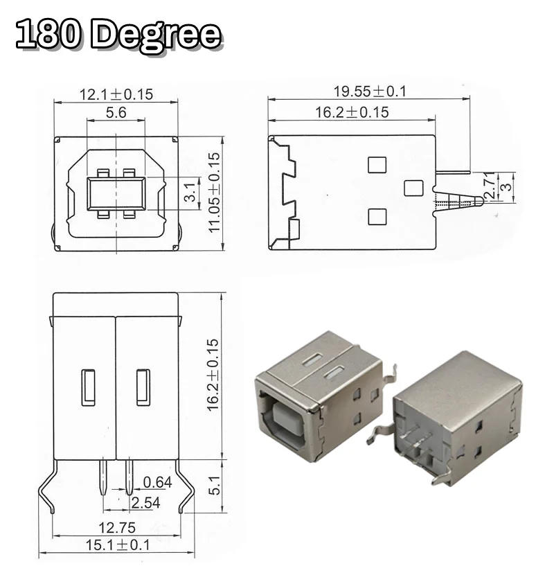 Description Picture 3 of item5pcs Square USB-B Type Female Socket 90/180 Degrees 4Pin Right Angle PCB Welding Connector For USB D-type Printer Interface
