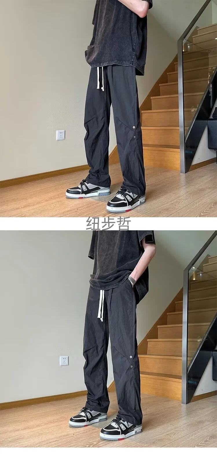Description Picture 4 of item2024 Spring Straight Casual Pants Streetwear for Men Wide Leg Solid Color Cargo Pants Elastic Waist Harajuku Men's Pants