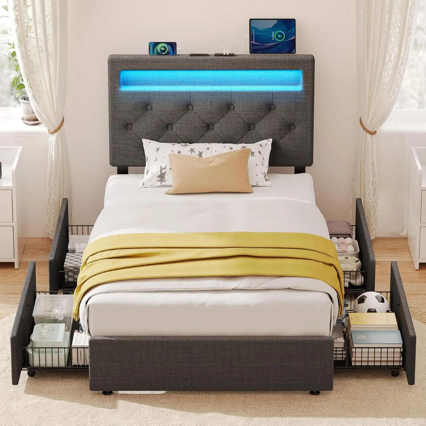 Description Picture 3 of itemUpholstered Bed with Adjustable Headboard and 4 Storage Drawers, No Box Spring Needed, Easy Assembly, Dark Grey
