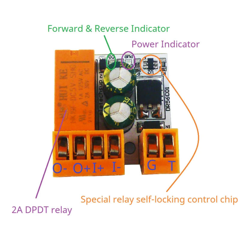 Description Picture 3 of itemDC Polarity Reversal Circuit Bistable DPDT Relay Module 2A Pluggable Terminal Motor Forward Reverse Self-locking Controller