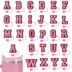 1-26PCS Pink letter Straw Cover Cap 10MM Drink Straw Plug Reusable Splash Proof Drinking Fit Cup Straw Cap Charms Pendant