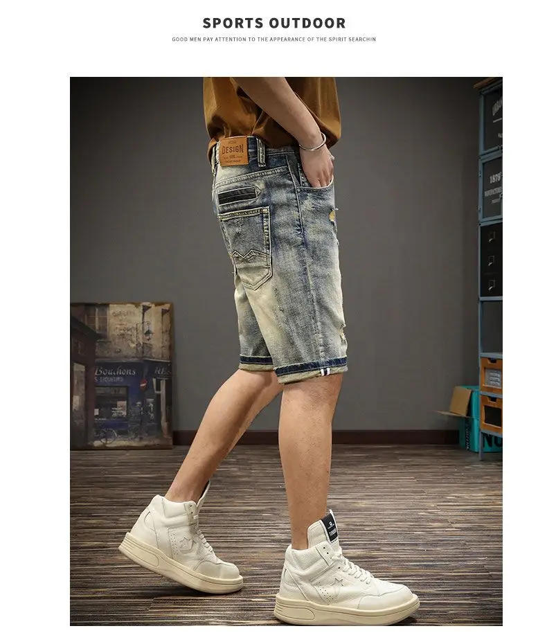Description Picture 5 of itemSummer Designer Casual Denim Knee Length Shorts for Men Slim High-end Beggar Ripped Jeans Shorts with Holes Embroidered Jeans