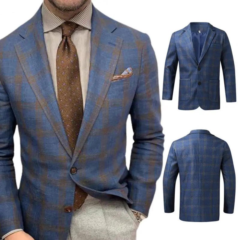 Description Picture 6 of itemMen Suit Coat Business Coat Formal Lapel Plaid Print Long Sleeve Cardigan Pockets Anti-wrinkle Groom Wedding Suit Jacket