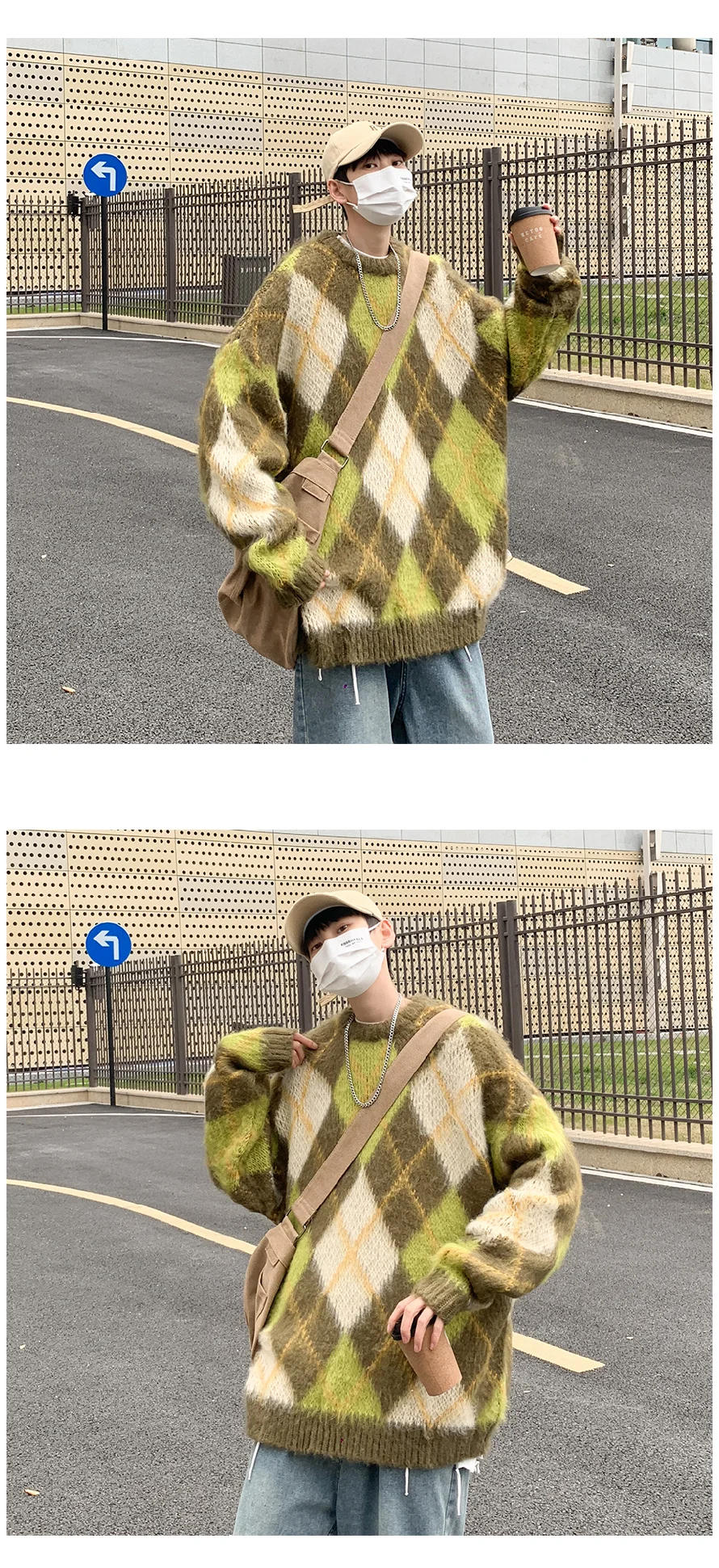 Description Picture 5 of itemWinter Niche Contrasting Plaid Sweaters Men's Retro Loose Casual High Street Personalized Knitted Pullover Men Tops Male Clothes