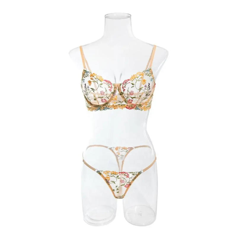 Description Picture 3 of item2-Piece Versatile Floral Lingerie Set Embroidery Sheer Boho Bra Panty Set Intimates