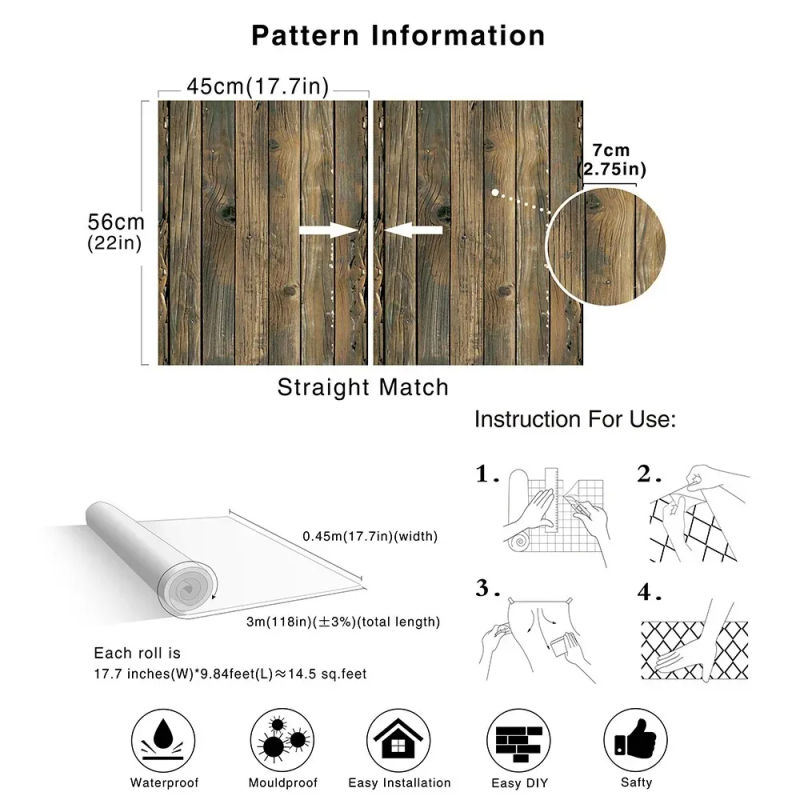 Description Picture 3 of itemRetro Faux Wood Grain Peel And Stick Wallpaper Self-adhesive Wood Plank Wallpaper Roll Removable Vinyl Wall Covering For Restaur