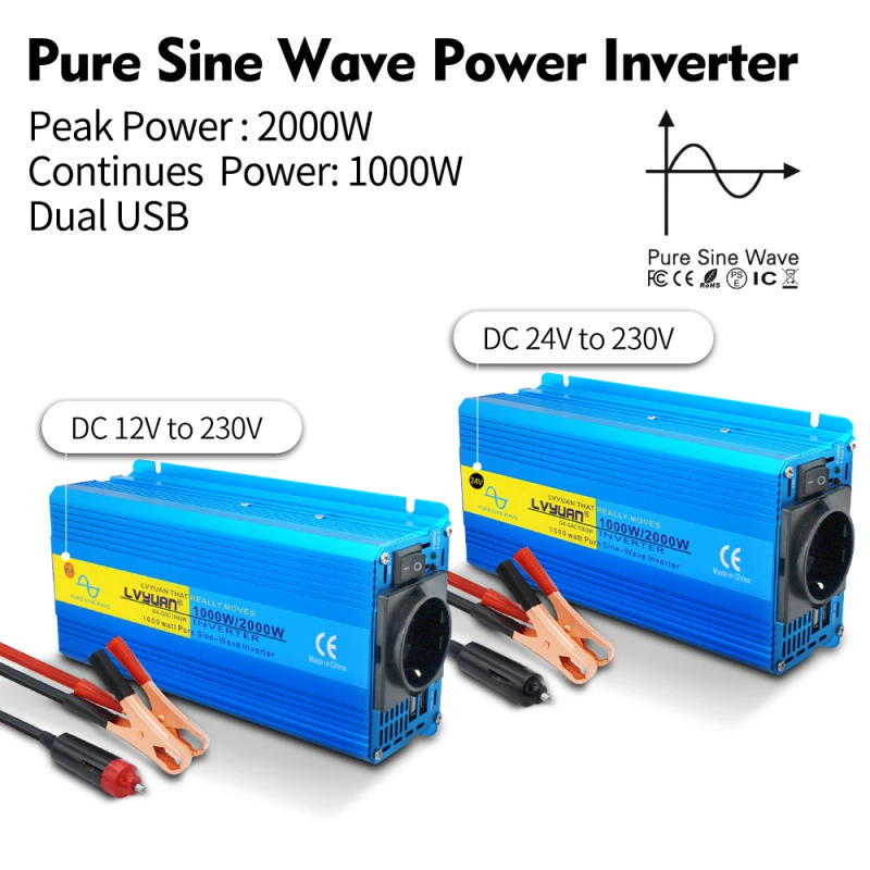 Description Picture 6 of item1000W 1200W 2000W Inverter DC 12V/24V TO AC 220V Pure Sine Wave Car Power Adapeter Converter 50Hz/60Hz Dual USB EU Universal RV