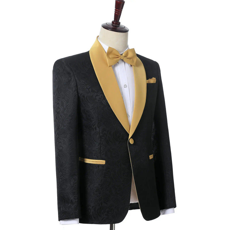 Description Picture 6 of itemBlack Tuxedo Gold Lapel Blazer 2 Pieces Men Suits Jacquard Suit Tuxedos 2024 For Wedding Men suits ( Jacket+Pants)