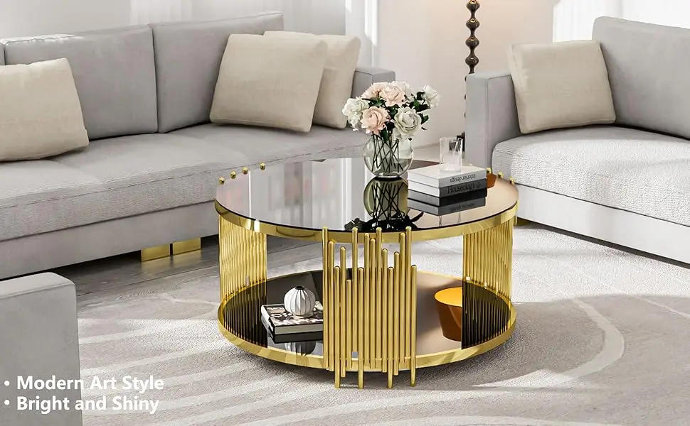 Description Picture 3 of itemCoffee Table Round Modern Living Room Table, Gold Stainless Steel Metal Leg Clear Tempered Glass, Sofa Center Table, Gold