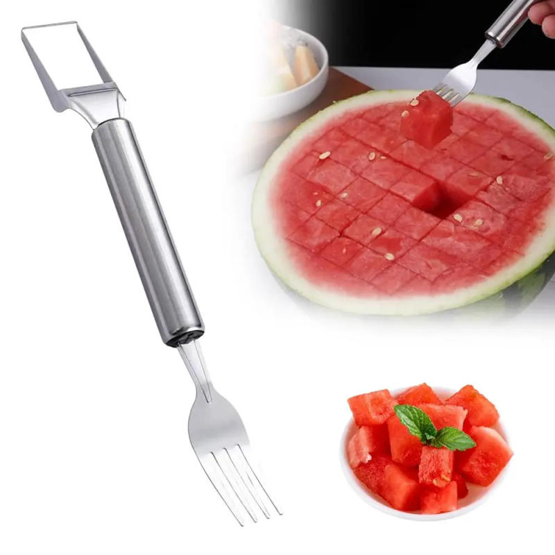 Description Picture 4 of item2-in-1 Watermelon Cutter Dual Head Professional Slicing Watermelon Fork Slicer Stainless Steel Fruit Forks Slicer