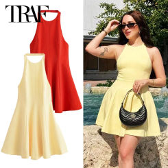 TRAF Womens Halter Dresses Mini Red Yellow Dress Woman Summer 2025 Backless Sleeveless Short Vestidos Chic Casual Women's Dress