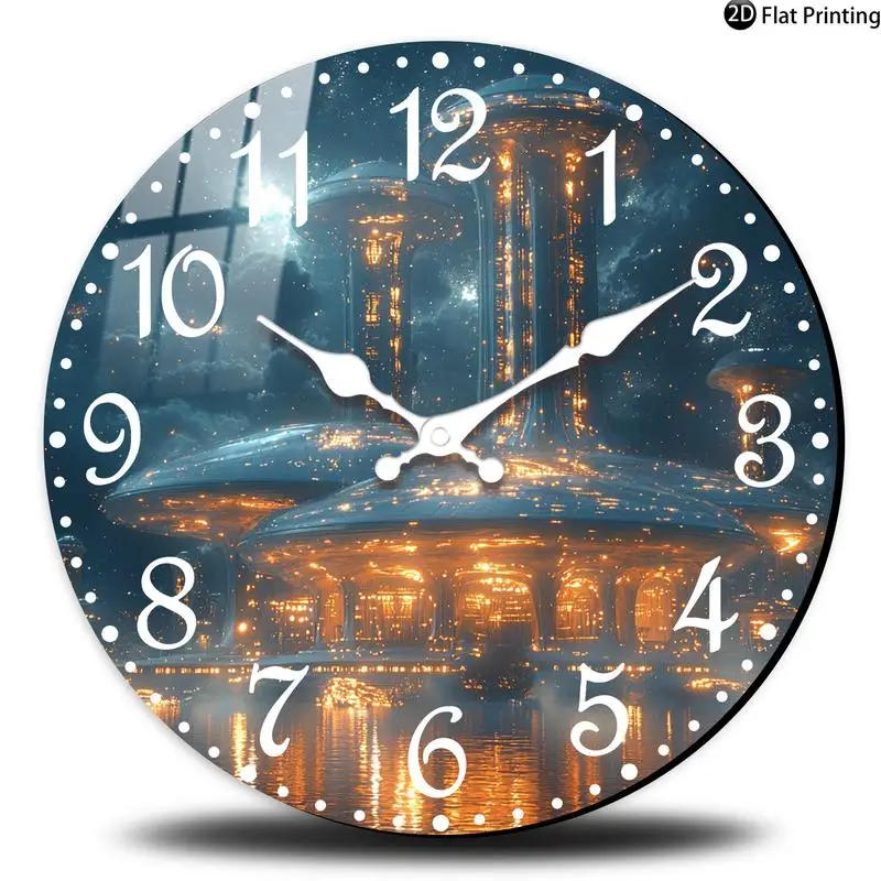 Description Picture 6 of itemWooden Silent Wall Clock Cityscape at night lights Quartz Round Analog Clock for Home Office Idea Holiday Gifts