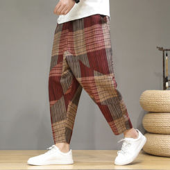 Spring New Arrivals Ethnic Style Men Trendy Loose Fit Oversized Harem Pants Bohemian Wide-leg 9-Length Casual Trousers