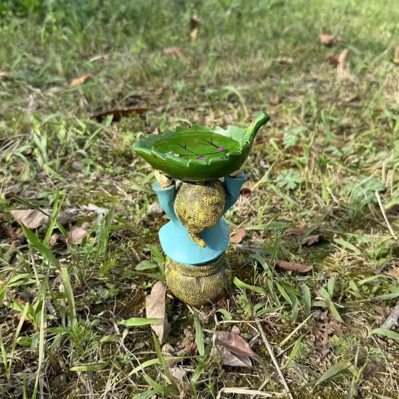 Description Picture 6 of itemUnique Cartoon Dwarf Sculpture Resin Holding Leaves Garden Gnome Statue Fun Bird Bath Lawn