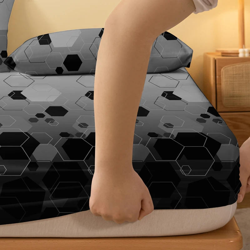 Description Picture 6 of item1 piece of stacked hexagonal pattern frosted bedsheet, bedroom printed bedspread, bedding (excluding pillowcases)