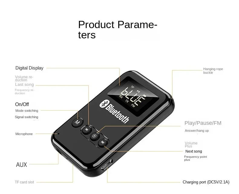 Description Picture 3 of itemBluetooth 5.0 LED Adapter for Car Music Headphones and Speakers, Wireless Audio Transmitter and Receiver, 300 MAh TF FM Card