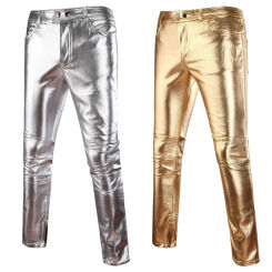 Men Black Pants Casual Trouser Trousers Mens Skinny Shiny Gold Silver PU Leather Motorcycle Nightclub Stage for Singers Dancers