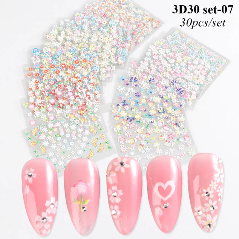 Description Picture 3 of item30pcs Cute Small Flowers 3D Nail Sticker Set Colorful Simple Floral Petals Nail Art Decals Elegant Adhesive Sliders Decorations
