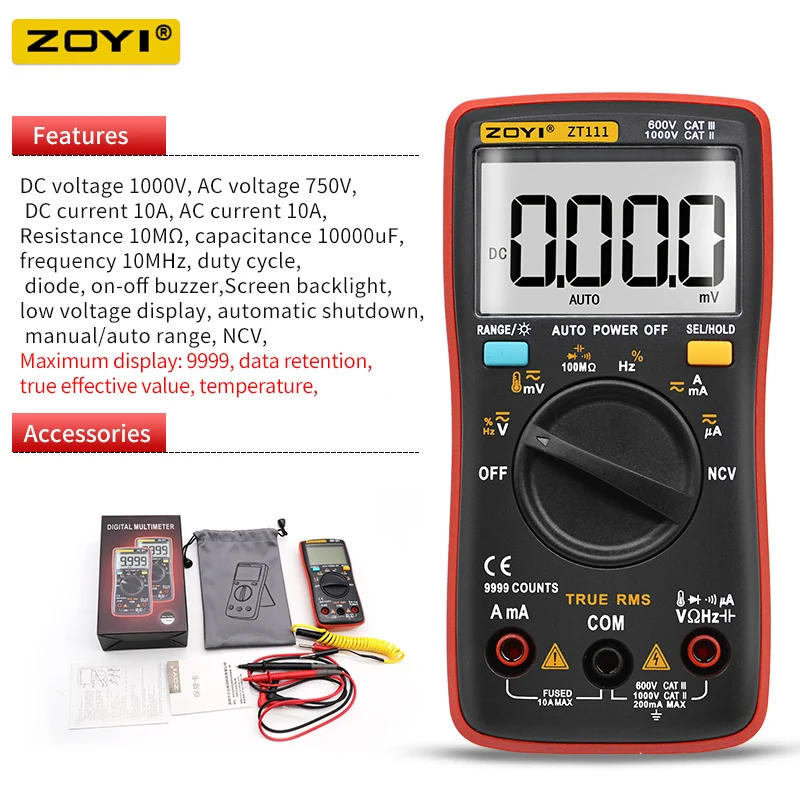 Description Picture 4 of itemZOYI ZT109/111 Digital Electrical Multimeter 6000 Counts DC/AC Current Voltage Tester True RMS Auto Ranging LCD Meters