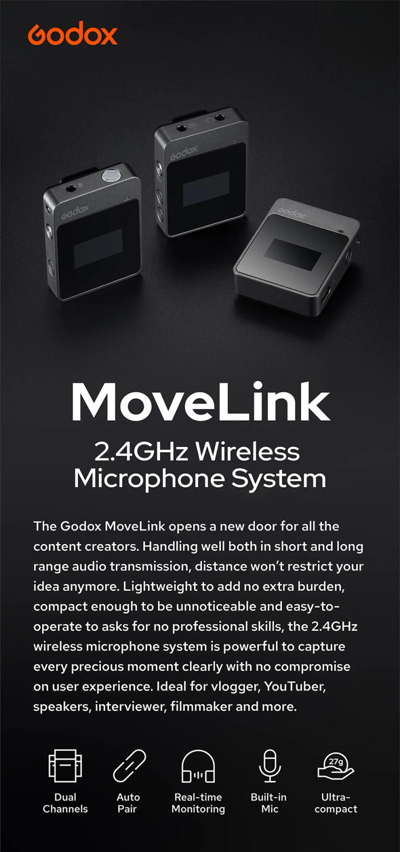 Description Picture 2 of itemGodox MoveLink M2 2.4GHz Wireless Lavalier Microphone for DSLR Cameras Camcorders Smartphones, and Tablets for YouTube