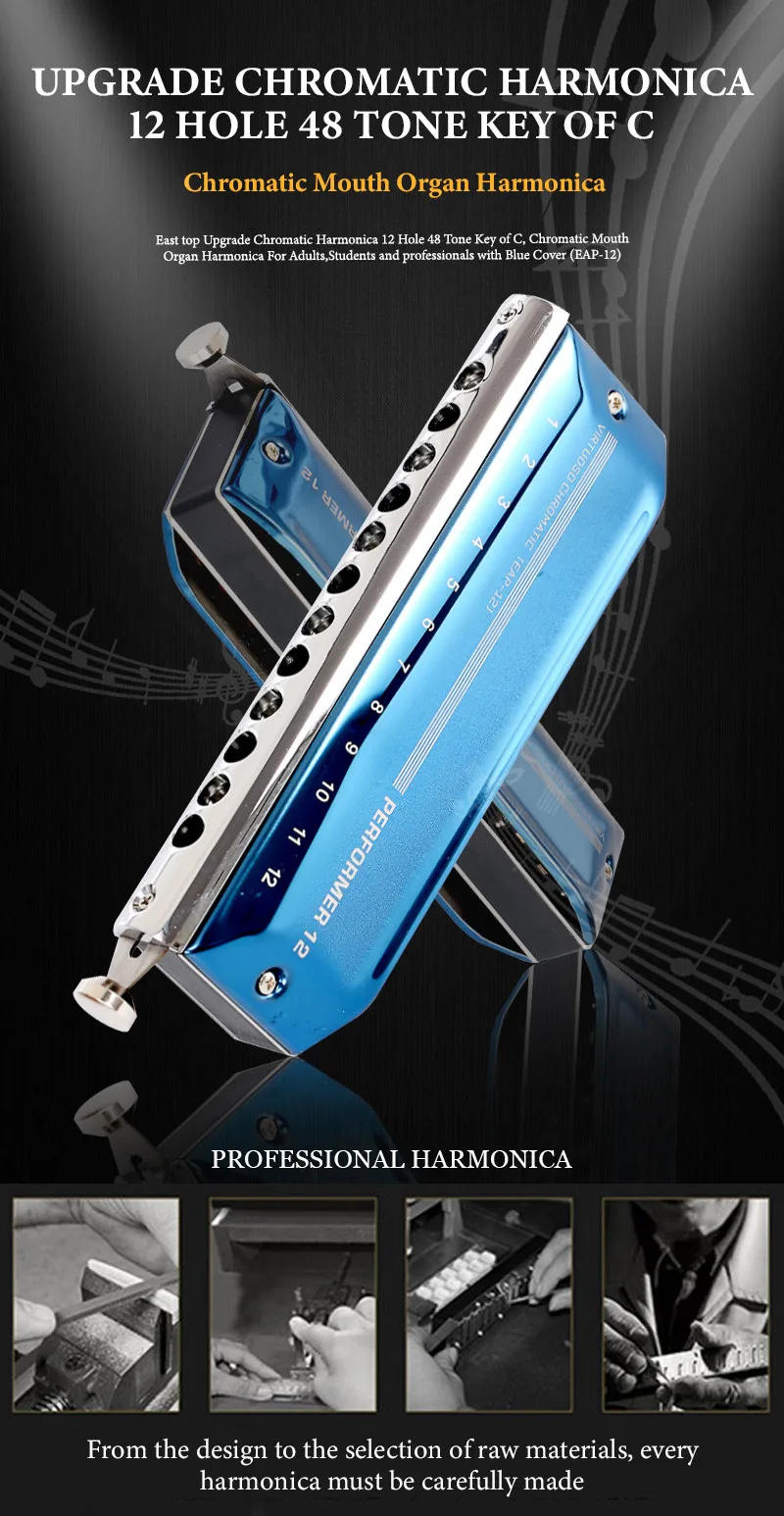 Description Picture 3 of itemEASTTOP EAP12 12 Holes 48 Tone Chromatic Harmonica Key Of A,G,D,B,Bb Mouth Organ harmonica For Adults Students Professionals
