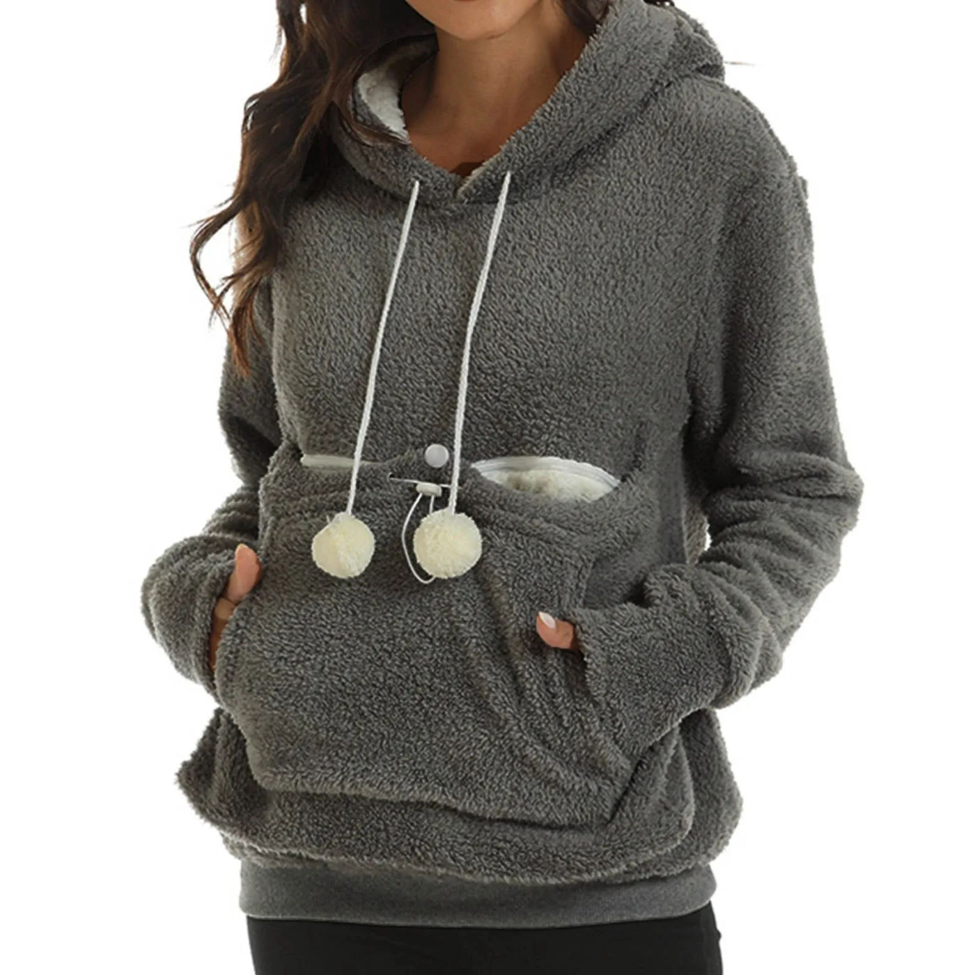 Description Picture 6 of itemWinter Plush Cute Pet Carrier Holder Hoodies Women Sweatshirts New Kangaroo Dog Cat Pouch Large Pocket Coat Fleece Warm Pullover