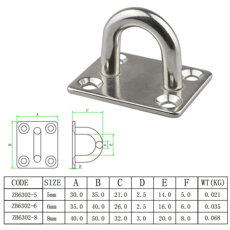 Description Picture 3 of item4pcs M5/M6/M8 Stainless Steel Square Pad Eye Plate Hook Hanger Heavy Duty Ceiling Wall for Boating Yacht Shade Sailing Marine