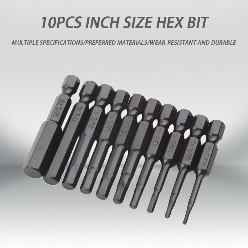 Description Picture 2 of item10pcs Hexagonal Bit Set Multi Standard Wear Resistant and Durable Imperial Size Hexagonal Bit S2 Alloy Steel Screwdriver Bit
