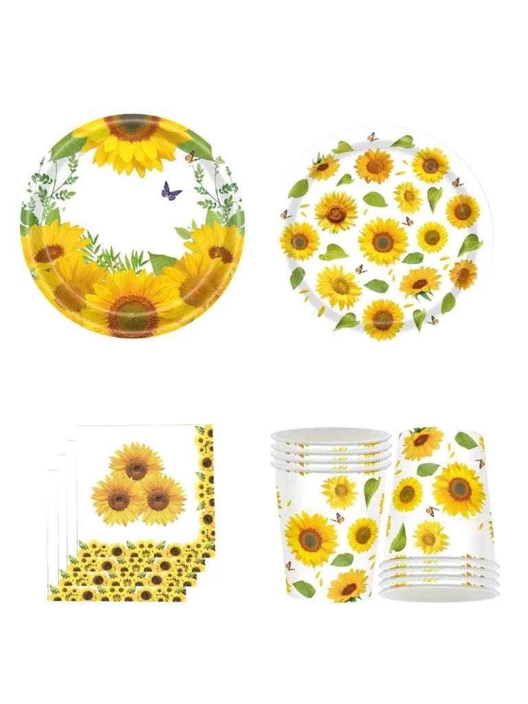 Description Picture 2 of item10Guests Sunflower Disposable Tableware Spring Flower Butterfly Paper Plate Napkin Tablecover Happy Girls Birthday Party Decor