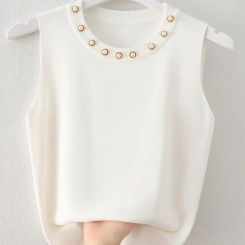 2025 Knitted Vests Women Top Solid Tank Korea Blusas Mujer De Moda Summer Fashion New Female Sleeveless Beading Casual Thin Tops