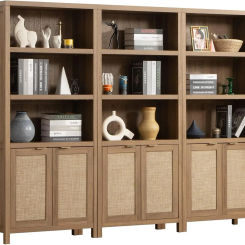 Bookcase 5 Tier Bookshelf Rattan Boho Tall Book Case Shelf with Doors Storage Large Wood Bookcases Farmhouse Library Shelves