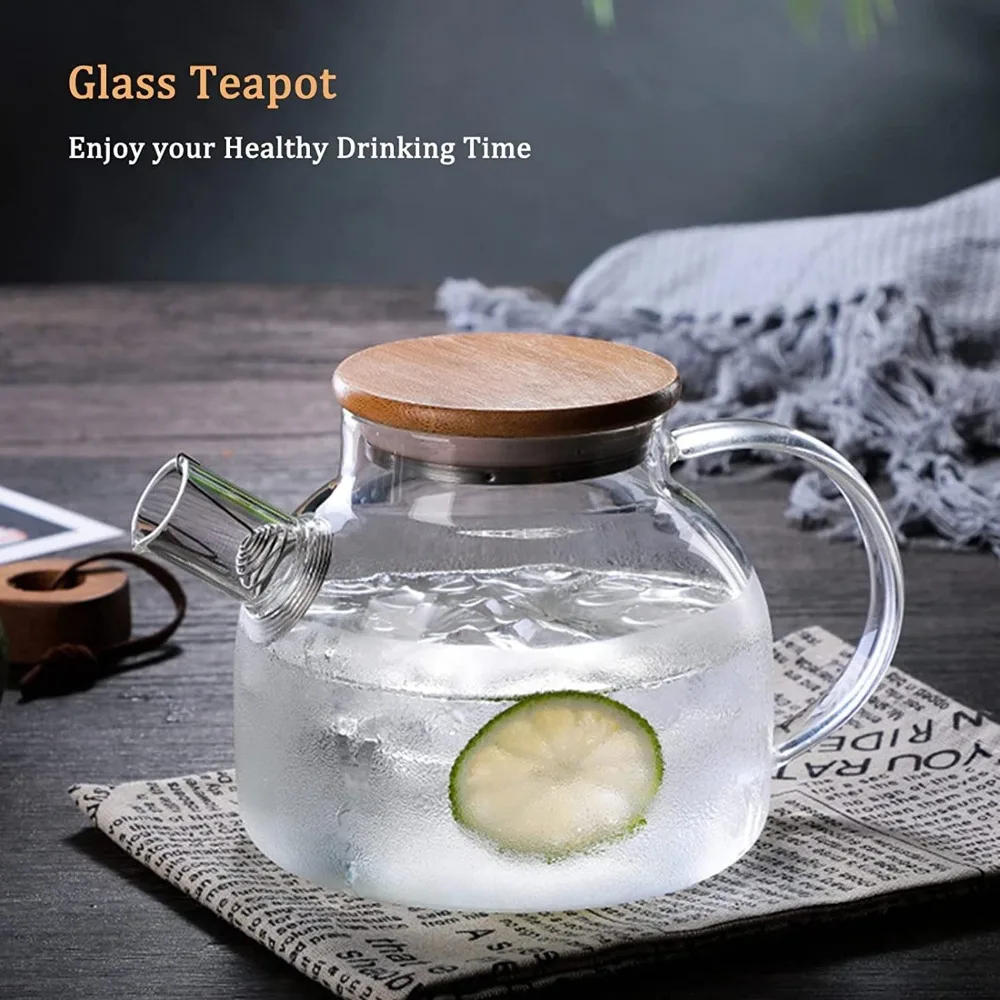 Description Picture 3 of itemGlass Teapot,Home Stovetop Coffee Kettle,1L Heatproof Borosilicate Glass,With Bamboo Lid Removable Filter Spout,for Lemonade