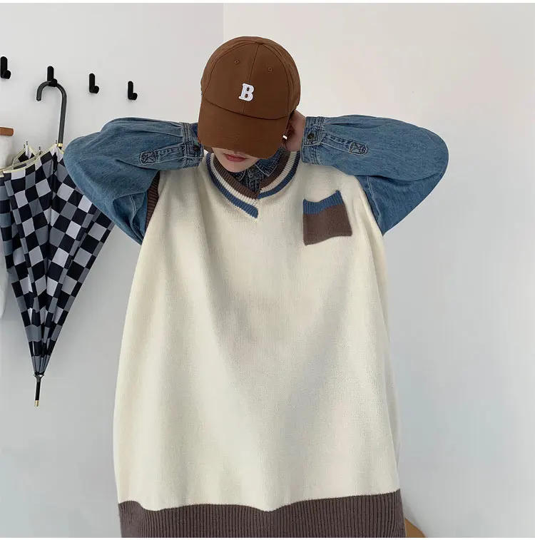 Description Picture 3 of itemSweater Vest Men Spring V-neck Japanese Vintage Contrast College Knitted Fashion Loose All-match Sleeveless Clothing V42