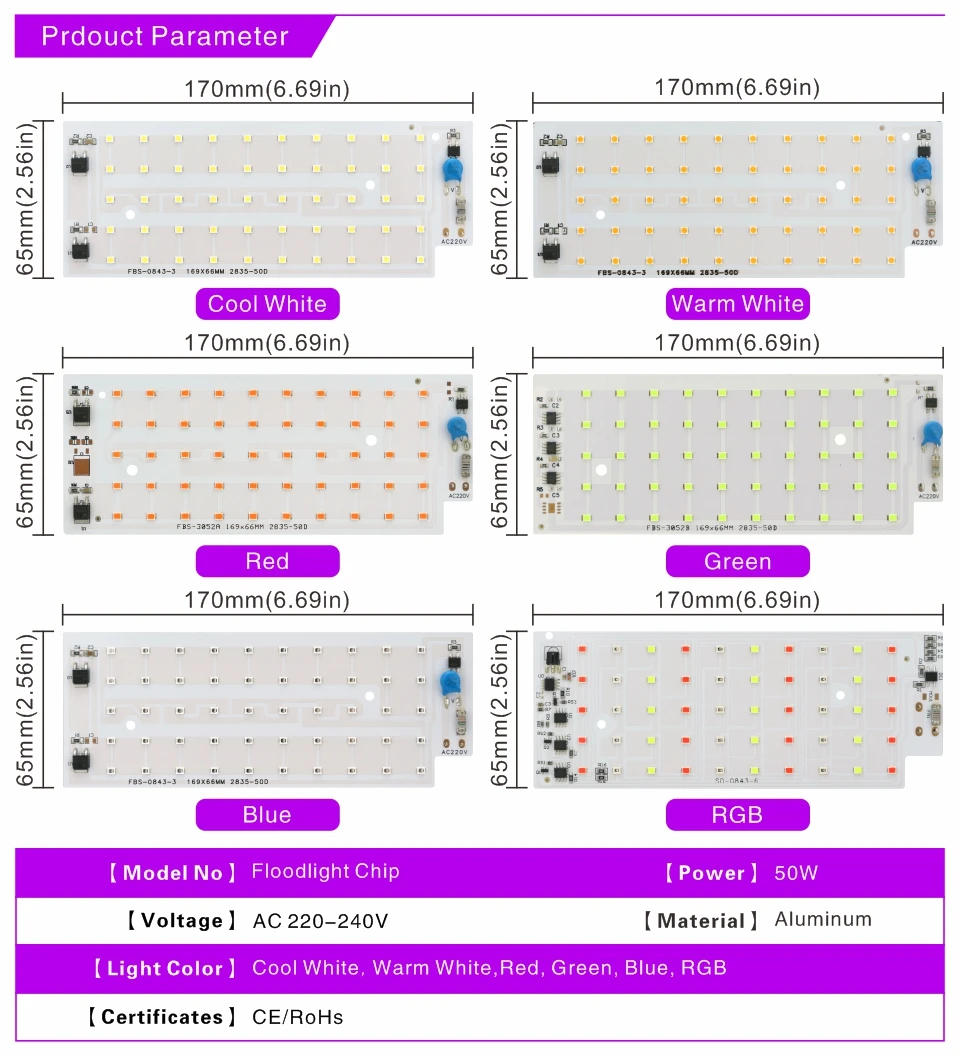 Description Picture 3 of item50W LED Chip for Flood Light SMD 2835 Outdoor Floodlight RGB Spotlight Lighting Beads AC 220V For LED Street Lamp