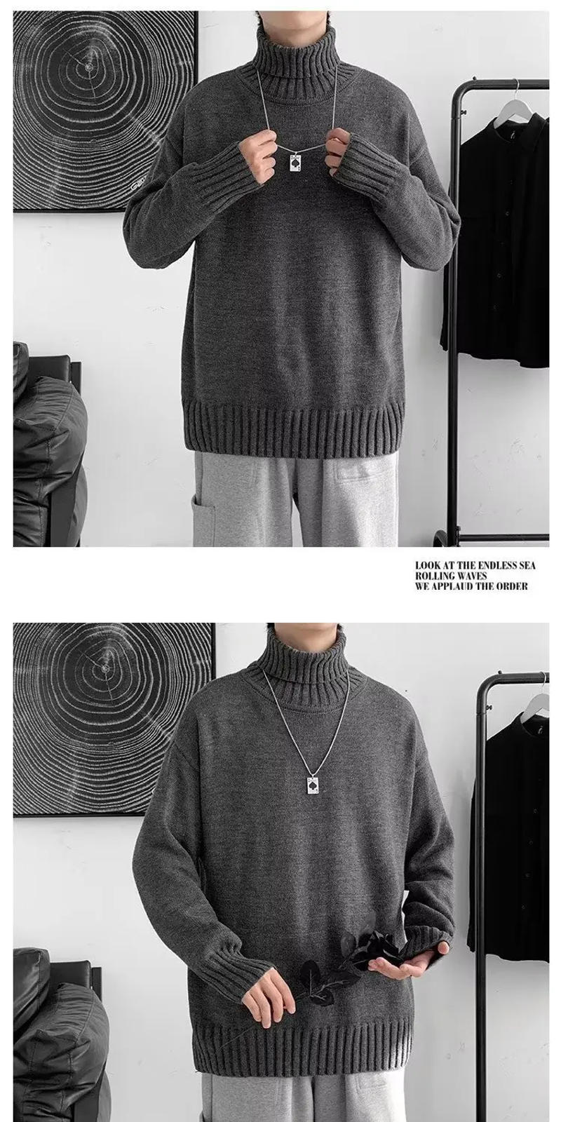 Description Picture 6 of item2024 Spring Autumn Men New Turtleneck Solid Color Jumpers Male Long Sleeve Sweater Top Mens Loose Knitted Pullover Tops S332
