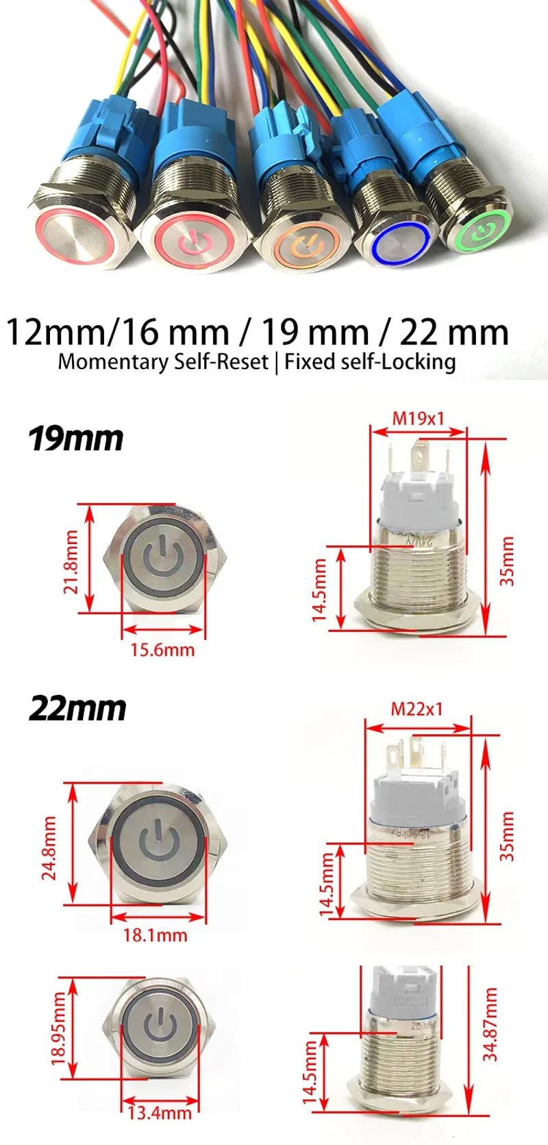 Description Picture 2 of item12/16/19/22mm Waterproof Metal Push Button Switch LED Light Momentary Latching Pc Power On off red green white yellow blueRing