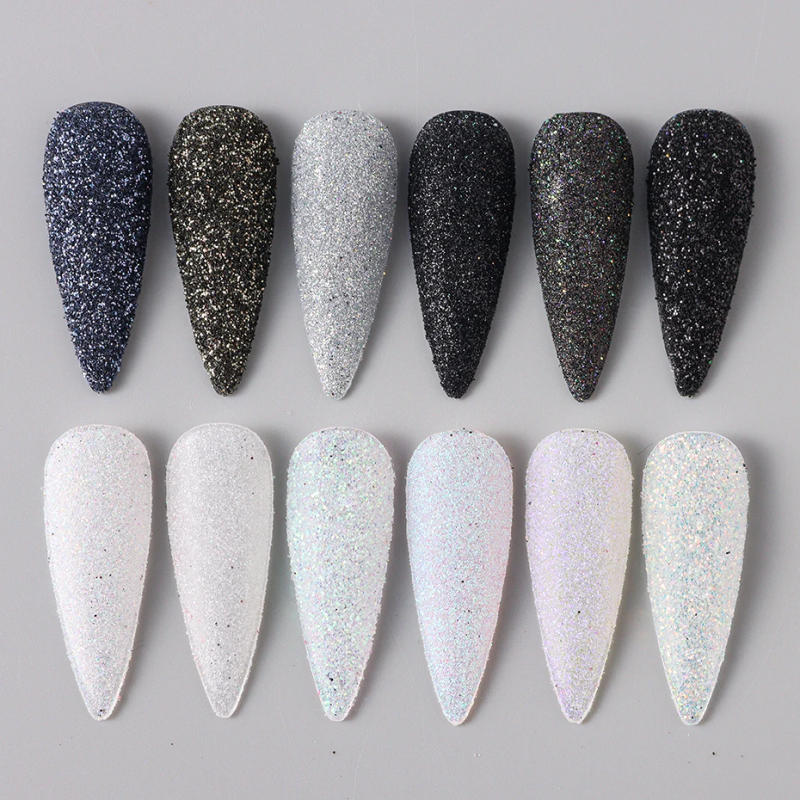 Description Picture 2 of item12Grids Black White Nail Glitter Powder Shiny Sugar Effect Iridescent Chrome Flakes Pigment Dust DIY Designs Nail Art Decoration