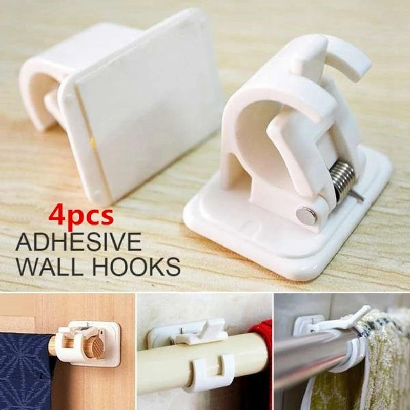 Description Picture 2 of item2Set 4Pcs Self-Adhesive Hooks Wall Mounted Curtain Rod Bracket Shower Curtain Rod Fixed Clip Hanging Rack