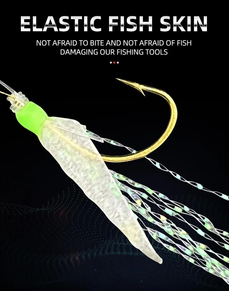 Description Picture 5 of item10pcs/bag 6 Hooks Luminous Sabiki Rigs Saltwater Real Fish Skin String Hook Mackerel Feathers Fishing Lures Set Fishing Bait