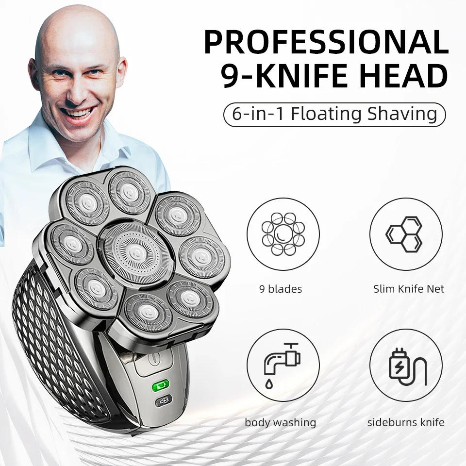 Description Picture 2 of itemMen's Bald Head Electric Shaver 9 Blades Floating 6In1 Heads Beard Nose Ear Hair Trimmer Clipper Facial Brush Rechargeable Razor