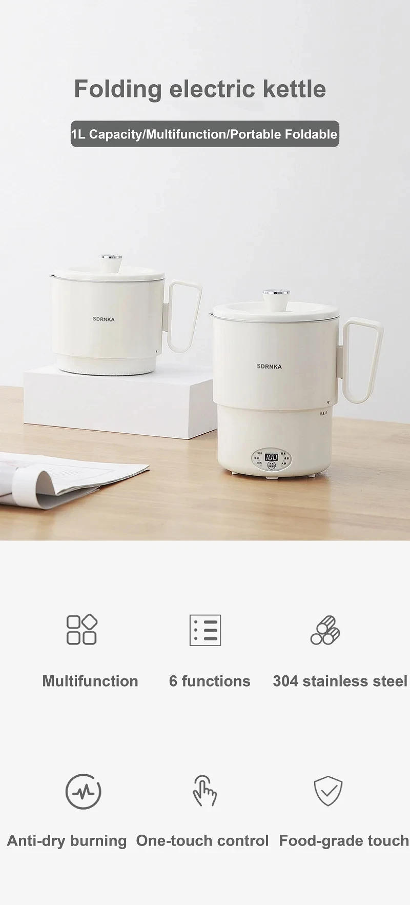 Description Picture 2 of item1L Folding Electric Kettle Portable Travel Kettle Multifunctional Electric Boil Cup 304 Stainless Steel Insulated Kettle 220V