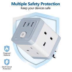 7-in-1 British Power Plug and Socket Extension Cord 4AC Output 2USB 1PD Type C Port Charger Adapter for Home Office Travel