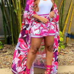 Fashionable Long-sleeved Long Cardigan Jacket + Shorts 2-piece Set For Women Spring Bohemian Printing Loose Vacation Suit Female